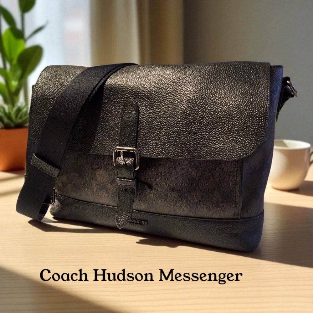 Coach Hudson Messenger Bag in Signature Canvas Black  Brown - Academia Work Bag